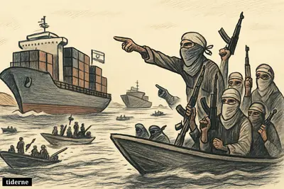 A cargo ship with an Israeli flag is confronted by armed Houthi speedboats in a narrow Red Sea shipping lane.