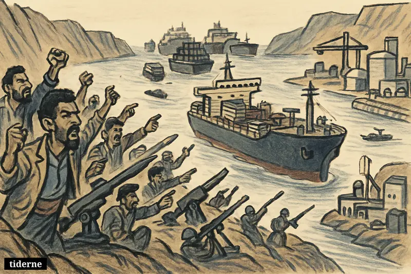 Armed boats and missile launchers block a narrow sea passage as an oil tanker and cargo ships back up near Saudi export facilities. (AI-genereret illustration)