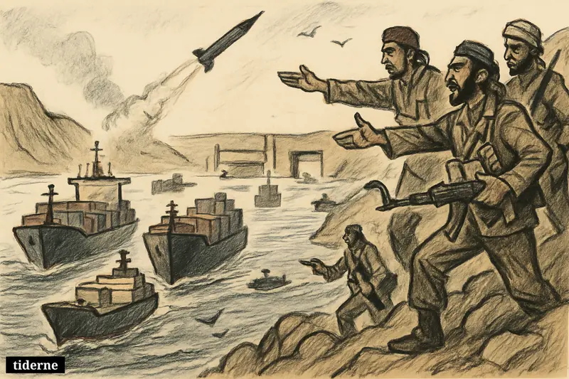 Cargo ships stall in a narrow sea route as Houthi fighters on a Yemeni shore launch a missile and signal a blockade.