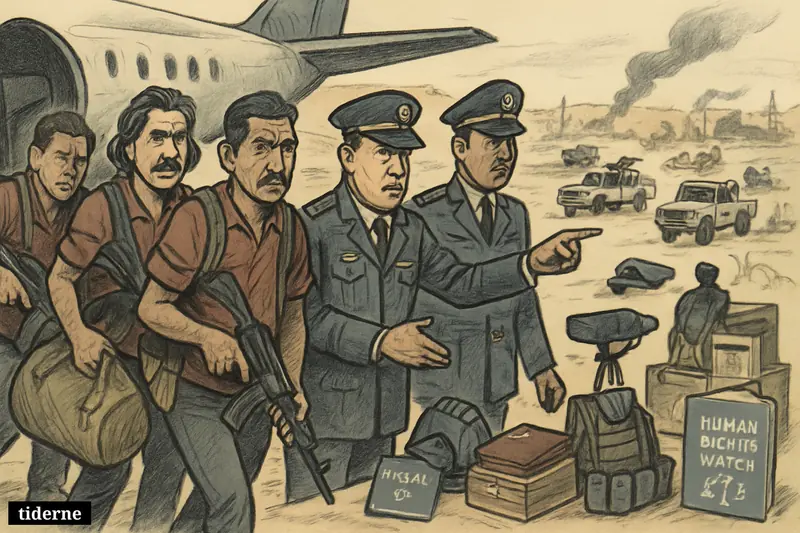Mercenaries move through a Gulf military airbase toward armed vehicles, while officers oversee the transfer and war looms in the distant Sudanese landscape.