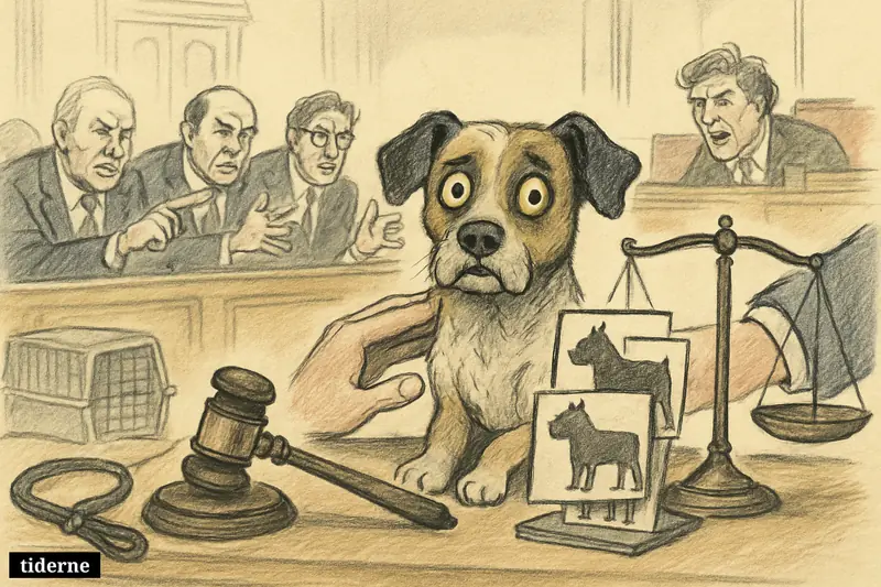 A mixed-breed dog faces lawmakers, a paused gavel, breed profile cards, and legal symbols in a parliamentary chamber.