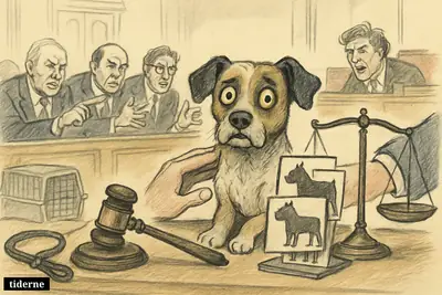 A mixed-breed dog faces lawmakers, a paused gavel, breed profile cards, and legal symbols in a parliamentary chamber.