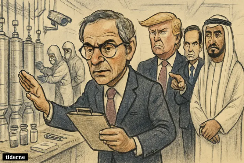 Caricature of Rafael Grossi leading inspectors inside an Iranian nuclear facility while Trump, Rubio, and Mohamed bin Zayed observe.