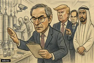 Caricature of Rafael Grossi leading inspectors inside an Iranian nuclear facility while Trump, Rubio, and Mohamed bin Zayed observe.