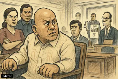 Caricature of Ronald dela Rosa sheltering in the Manila Senate as Duterte allies watch and ICC-linked officials approach with an arrest warrant.