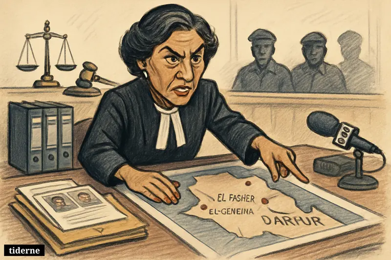 Caricature of ICC prosecutor Nazhat Shameem Khan presenting war-crimes evidence in a courtroom, with RSF figures, Darfur map, and legal props. (AI-genereret illustration)