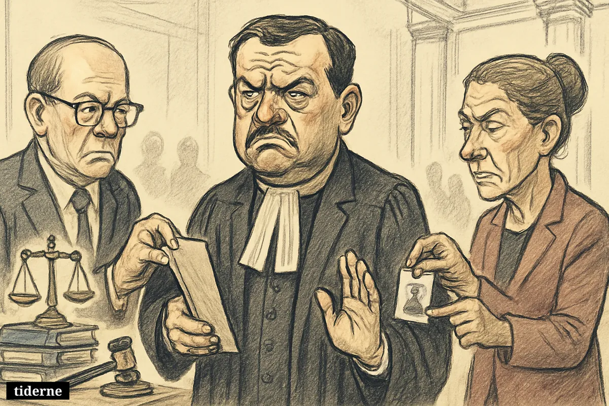 Karim Khan, shown as a courtroom caricature, stands tense as officials remove his files and badge in an international legal setting.