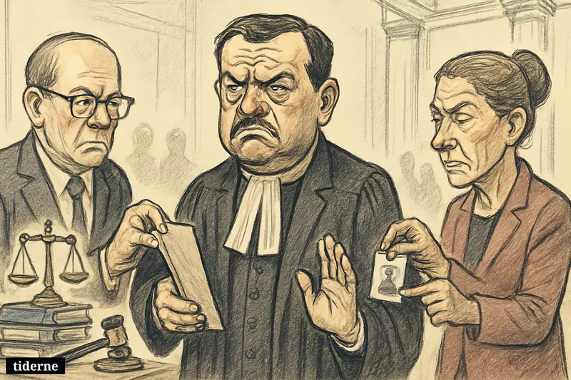 Karim Khan, shown as a courtroom caricature, stands tense as officials remove his files and badge in an international legal setting.