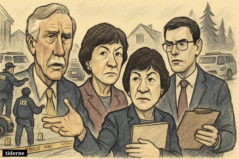 Caricature of Angus King, Susan Collins, and Aaron Frey before an ICE shooting investigation scene on a Maine residential street. (AI-genereret illustration)