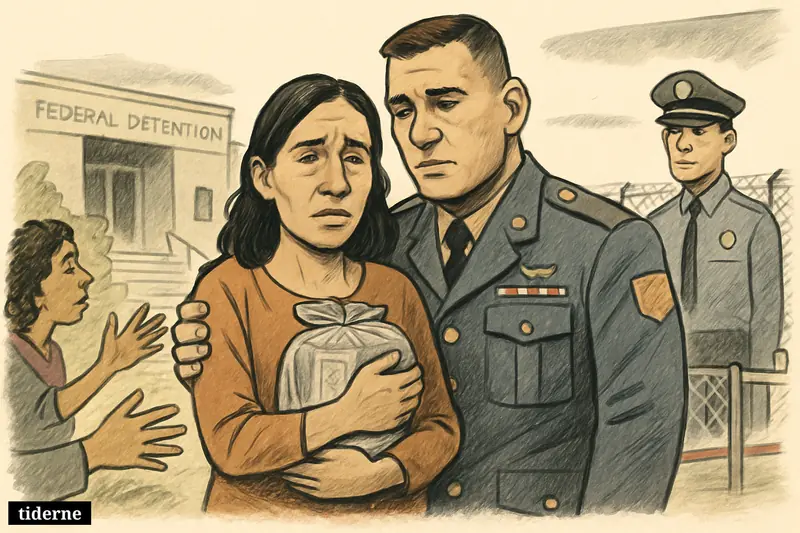 Deisy Rivera Ortega reunites with her veteran husband outside a Texas detention facility as an immigration officer stands nearby.