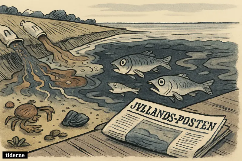 A caricature coastal scene shows polluted Danish waters, gasping fish, farm runoff, and a newspaper on a pier symbolizing Jyllands-Posten.