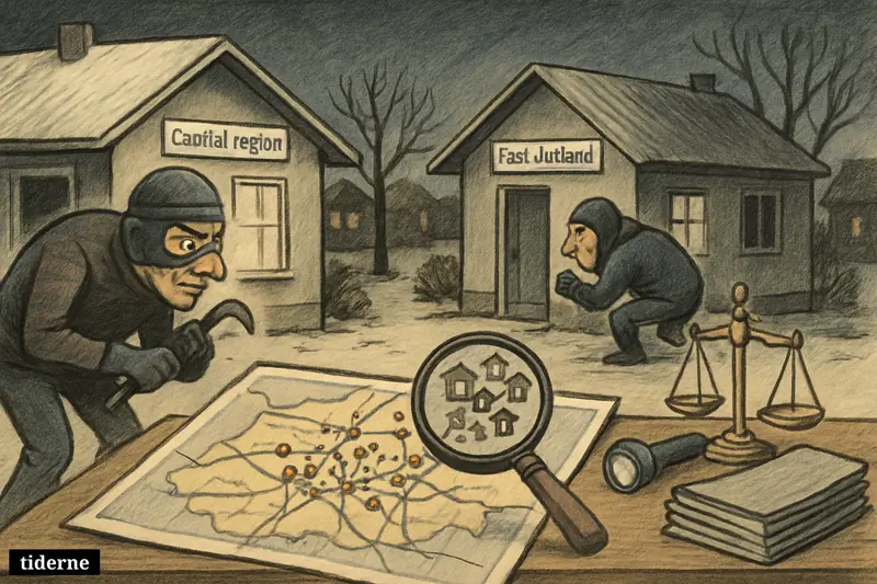 Two burglars target winter-dark homes as a large map and investigative tools emphasize burglary hotspots in Denmark’s Capital region and East Jutland. (AI-genereret illustration)