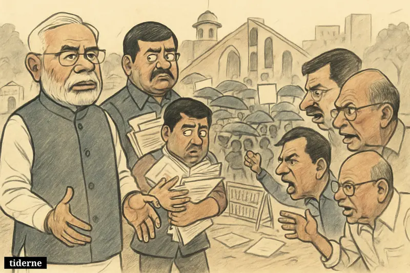 Caricature of Modi and allies facing opposition leaders and a large rain-soaked protest crowd in New Delhi amid an education scandal. (AI-genereret illustration)