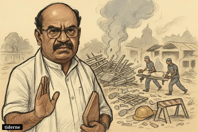 Caricature of K. Rajan before a shattered fireworks workshop in Kerala, with smoke, responders, stretchers, and festival remnants behind him.