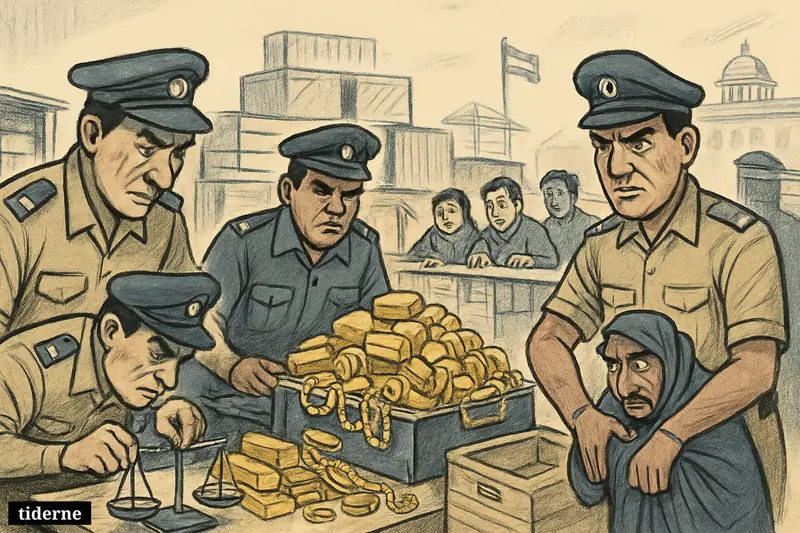 Indian customs officers inspect a huge pile of imported gold at a port while a smuggler is stopped and anxious buyers wait behind barriers.