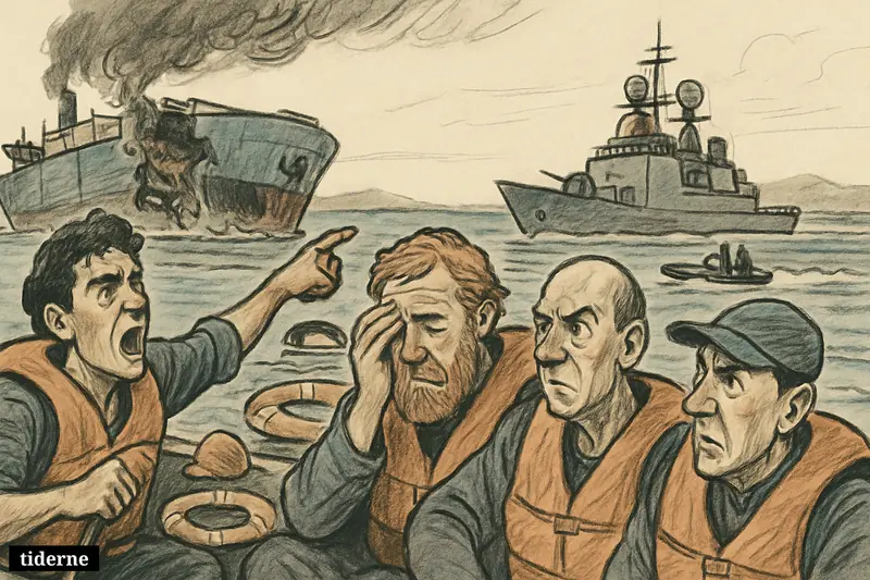 Rescued sailors in a small boat look back at a damaged tanker in the Gulf of Oman as a nearby naval vessel looms.