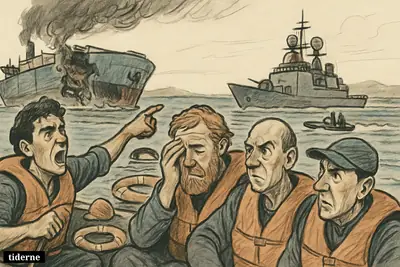 Rescued sailors in a small boat look back at a damaged tanker in the Gulf of Oman as a nearby naval vessel looms.