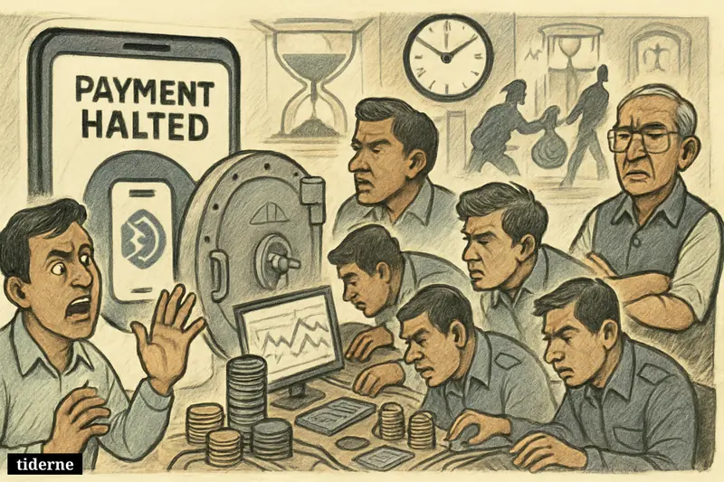 A satirical banking control room shows delayed smartphone payments as security staff try to stop digital fraud and money mules.