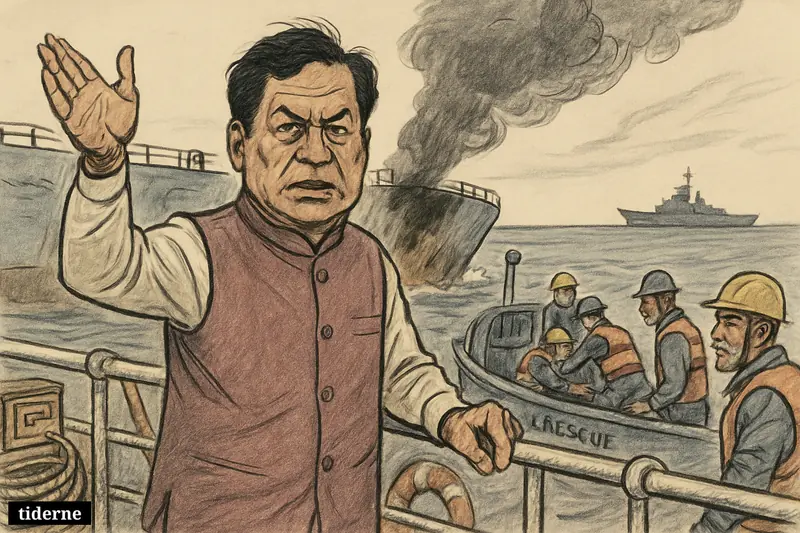 Caricature of Sarbananda Sonowal on a damaged tanker deck as Indian sailors gather near a rescue boat in tense waters.