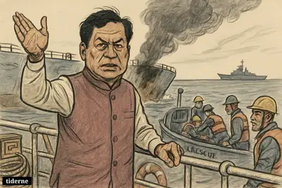 Caricature of Sarbananda Sonowal on a damaged tanker deck as Indian sailors gather near a rescue boat in tense waters.