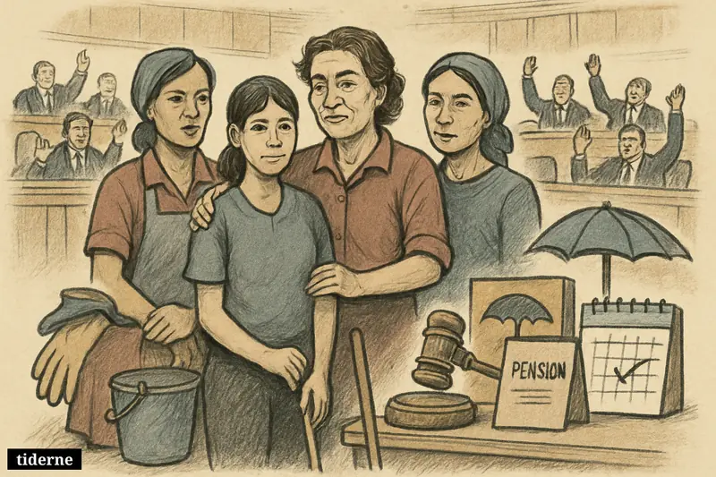 Domestic workers stand proudly in Indonesia’s parliament as lawmakers approve new labor protections, with legal and social protection symbols around them.