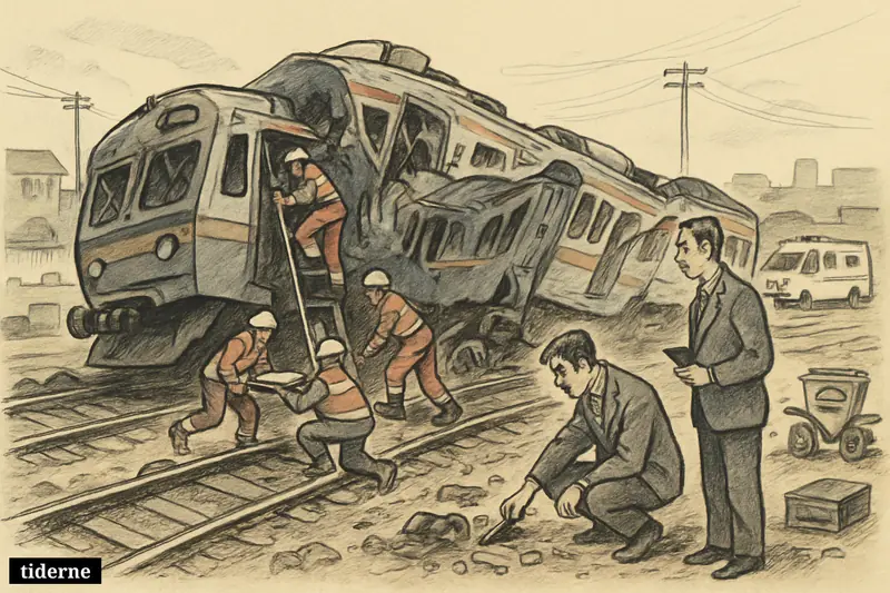 Wrecked passenger trains near Jakarta with rescue workers, derailed carriages, investigators, and emergency vehicles at a chaotic crash site.