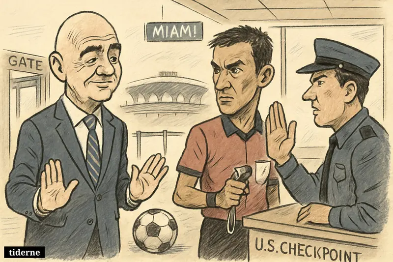 Gianni Infantino and referee Omar Artan stand at a Miami airport checkpoint as an immigration officer blocks Artan from entering.