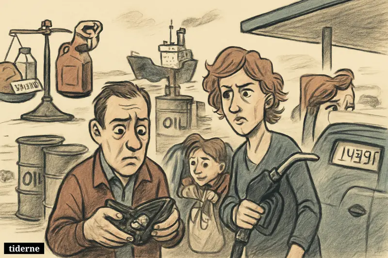 A worried family at a fuel station watches fuel costs rise while oil barrels, a tanker, and inflation symbols crowd the scene.