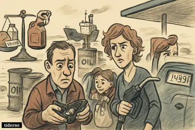 A worried family at a fuel station watches fuel costs rise while oil barrels, a tanker, and inflation symbols crowd the scene.