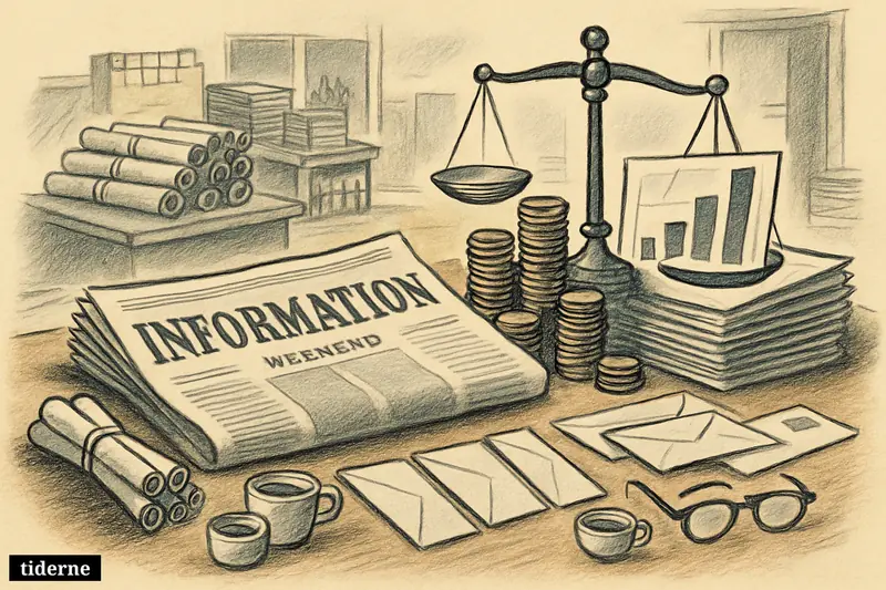 A caricature scene of Information’s weekend newspaper surrounded by profit symbols, stacked copies, and subscriber cues in a busy publishing setting.