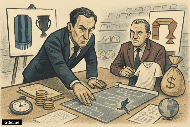 Two football negotiators face off across a transfer table with money, club symbols, and a wingback figurine on a miniature pitch. (AI-genereret illustration)