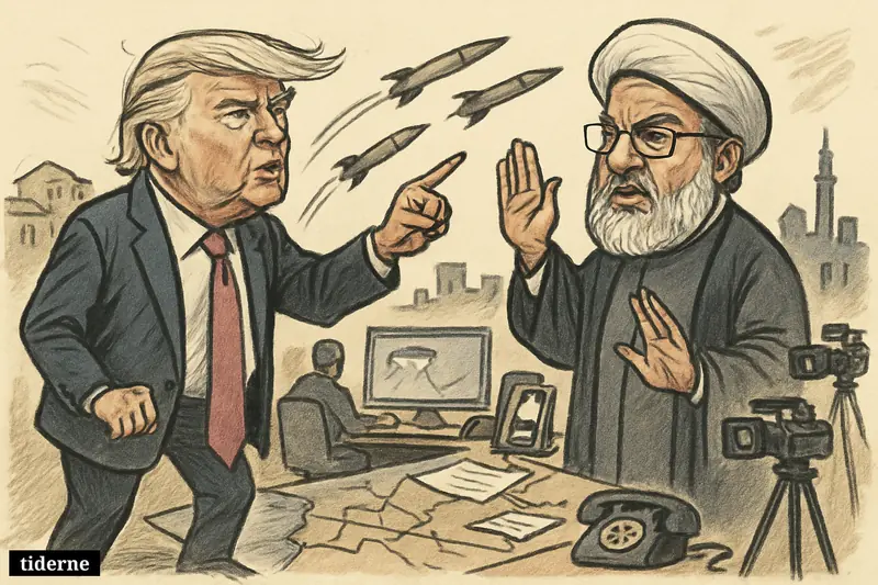 Caricature of Donald Trump and Naim Qassem facing off beneath missiles, with war-room screens, cameras, and distant city skylines behind them.