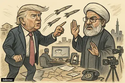 Caricature of Donald Trump and Naim Qassem facing off beneath missiles, with war-room screens, cameras, and distant city skylines behind them.