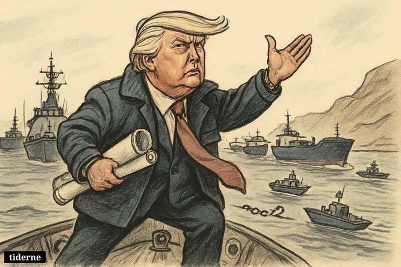 Donald Trump caricature on a warship leads a tense naval escort through the narrow Strait of Hormuz amid fragile ceasefire symbolism.