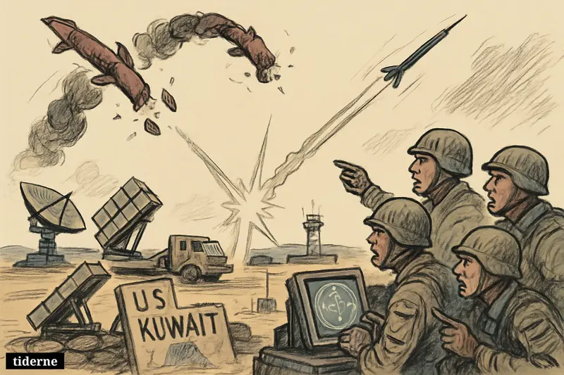 A U.S. base in Kuwait intercepts two incoming missiles as soldiers take cover and defensive systems respond in the desert.