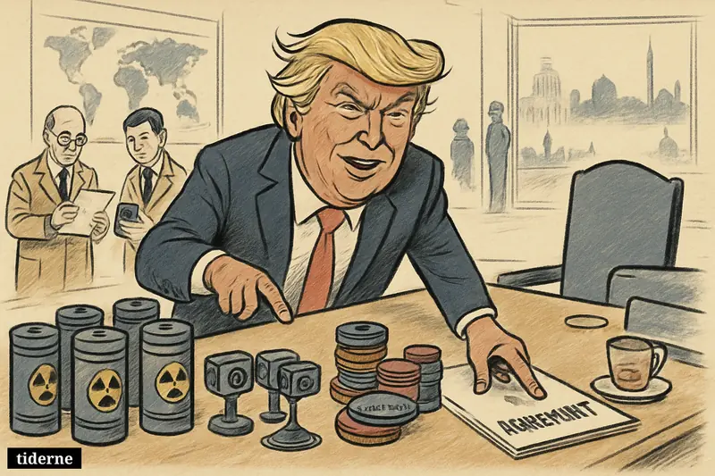 Donald Trump caricature at a negotiation table, gesturing over a nuclear deal folder with inspectors, monitoring devices, and sanction symbols nearby.