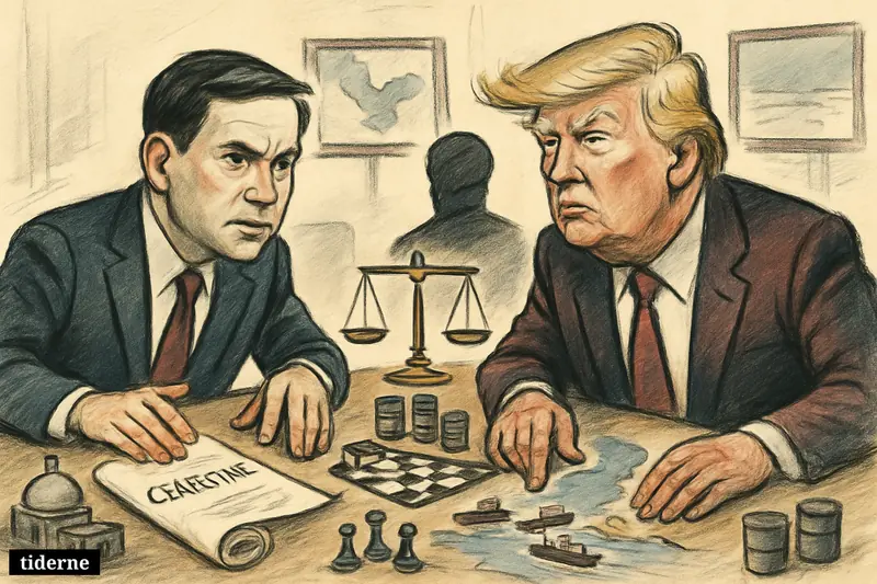 Marco Rubio and Donald Trump caricatures lead tense Iran talks over a table filled with ceasefire, oil, and nuclear negotiation symbols.