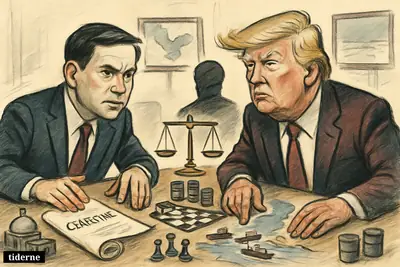 Marco Rubio and Donald Trump caricatures lead tense Iran talks over a table filled with ceasefire, oil, and nuclear negotiation symbols.