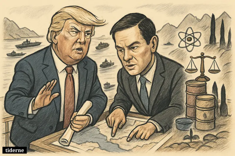 Caricatures of Donald Trump and Marco Rubio on a tanker deck in the Strait of Hormuz, negotiating amid ships, naval escorts, and nuclear symbolism.