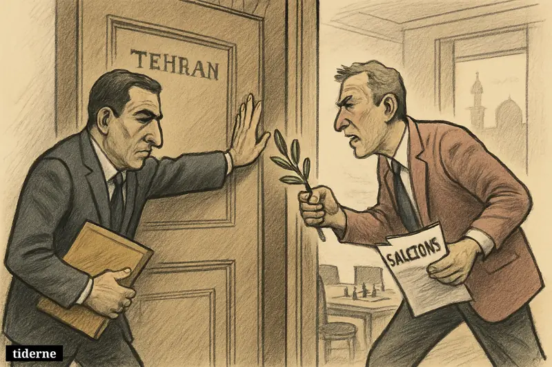 A caricature of Iranian and American diplomats pushing a heavy door closed during a tense diplomatic standoff over sanctions and talks.