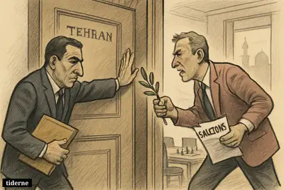 A caricature of Iranian and American diplomats pushing a heavy door closed during a tense diplomatic standoff over sanctions and talks.