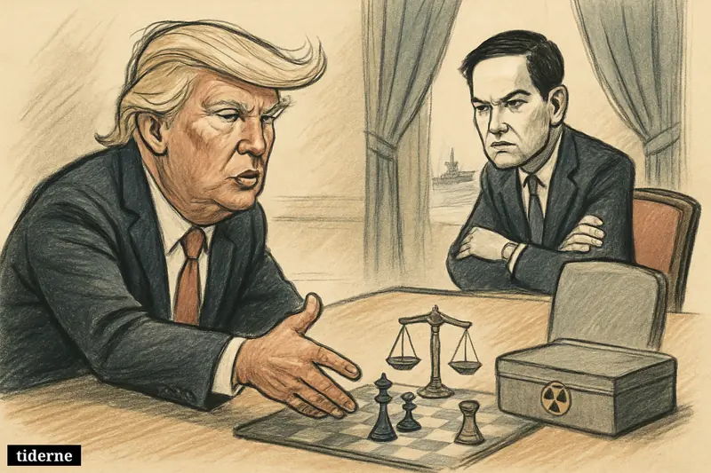 Trump and Rubio in caricature at a negotiation table, facing an empty chair, with chess pieces, sanctions symbols, and a nuclear briefcase nearby.