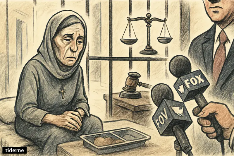 A jailed Catholic woman on hunger strike sits weak but defiant in an Iranian prison cell, with justice symbols, media props, and U.S. pressure nearby. (AI-genereret illustration)