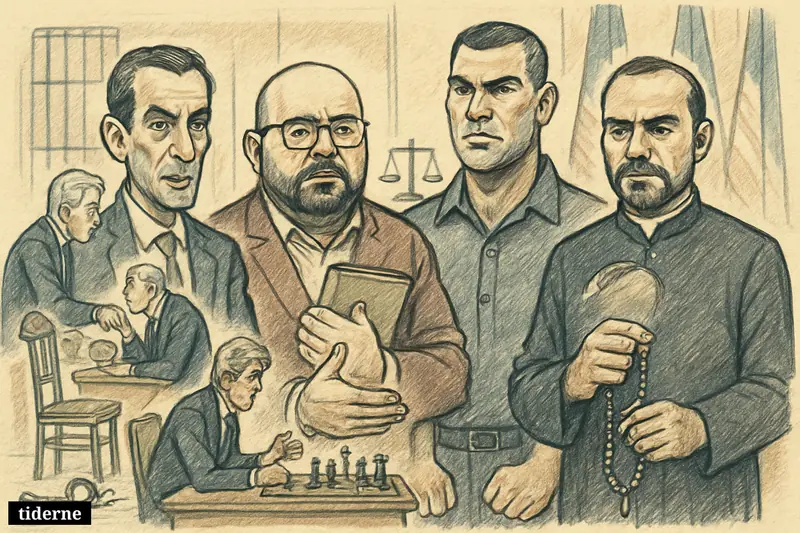 Four former Iran detainees stand in front of two diplomats negotiating, with prison bars, broken handcuffs, justice scales, and a chessboard behind them. (AI-genereret illustration)