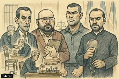 Four former Iran detainees stand in front of two diplomats negotiating, with prison bars, broken handcuffs, justice scales, and a chessboard behind them. (AI-genereret illustration)