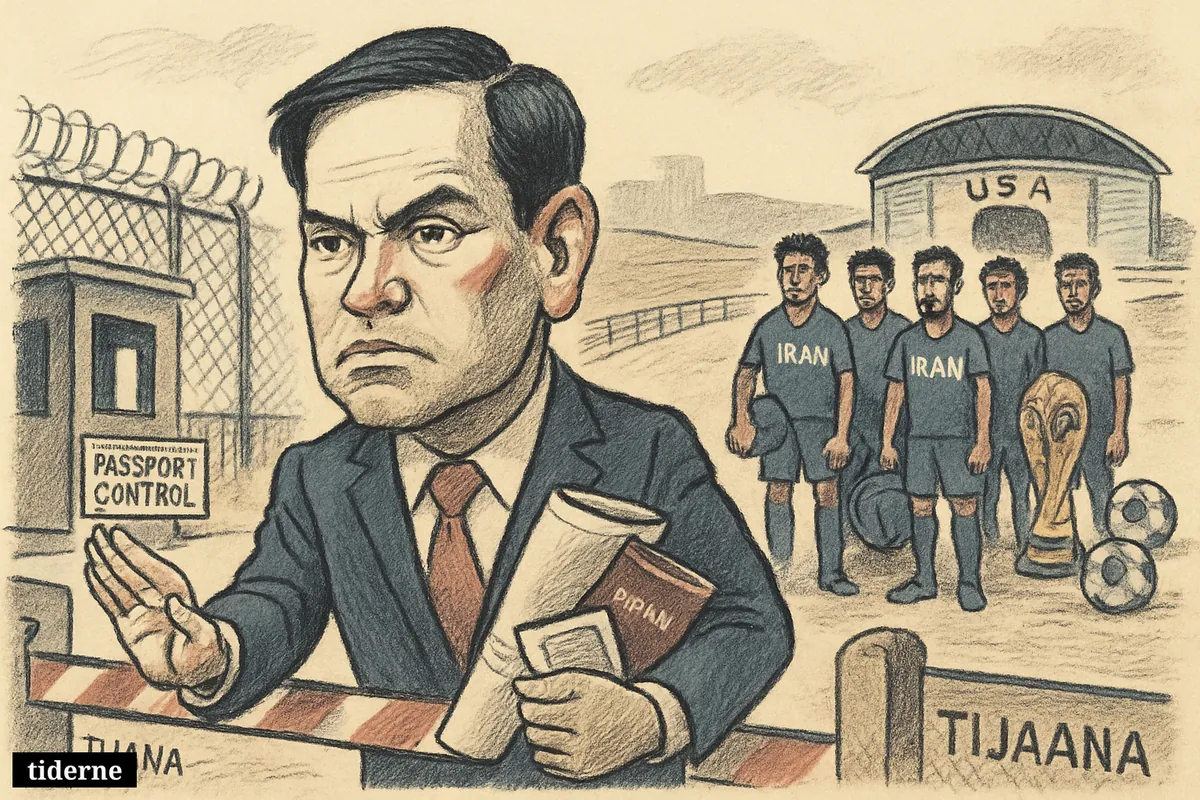 Marco Rubio blocks a border crossing as Iran’s football team waits in Tijuana with bags, facing a stadium across the border.