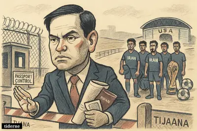 Marco Rubio blocks a border crossing as Iran’s football team waits in Tijuana with bags, facing a stadium across the border.