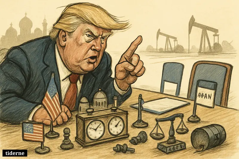 Caricature of Donald Trump warning across a stalled negotiation table with a chess clock, nuclear props, oil symbols, and regional tension behind him.