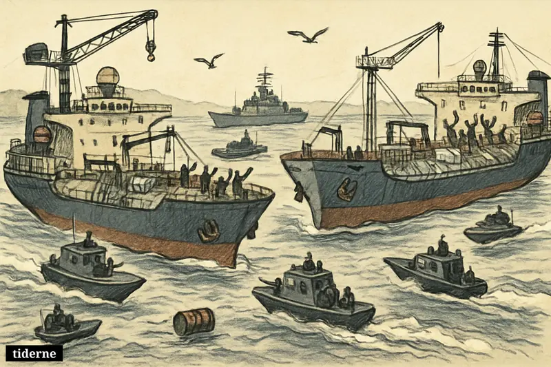Two oil tankers are surrounded by patrol boats in the Strait of Hormuz while a distant warship watches over the maritime standoff.