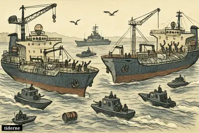 Two oil tankers are surrounded by patrol boats in the Strait of Hormuz while a distant warship watches over the maritime standoff.